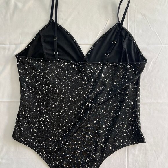 Women’s Plus Size 1XL Black Bodysuit Silver Accent Dotted One Piece - Picture 4 of 10